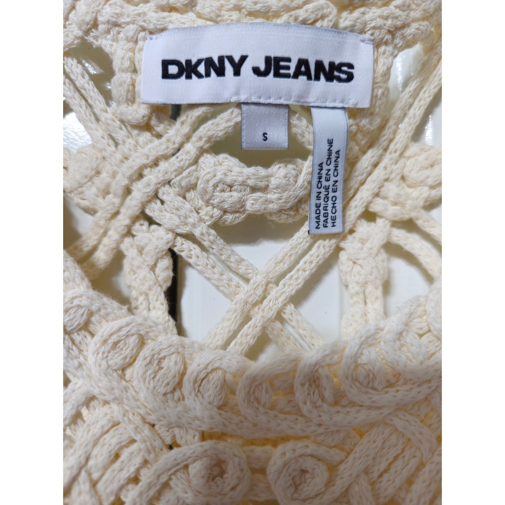 DKNY Jeans Macrame Crochet Tank Top Fringe Hem Cream Boho Size S - Picture 2 of 6